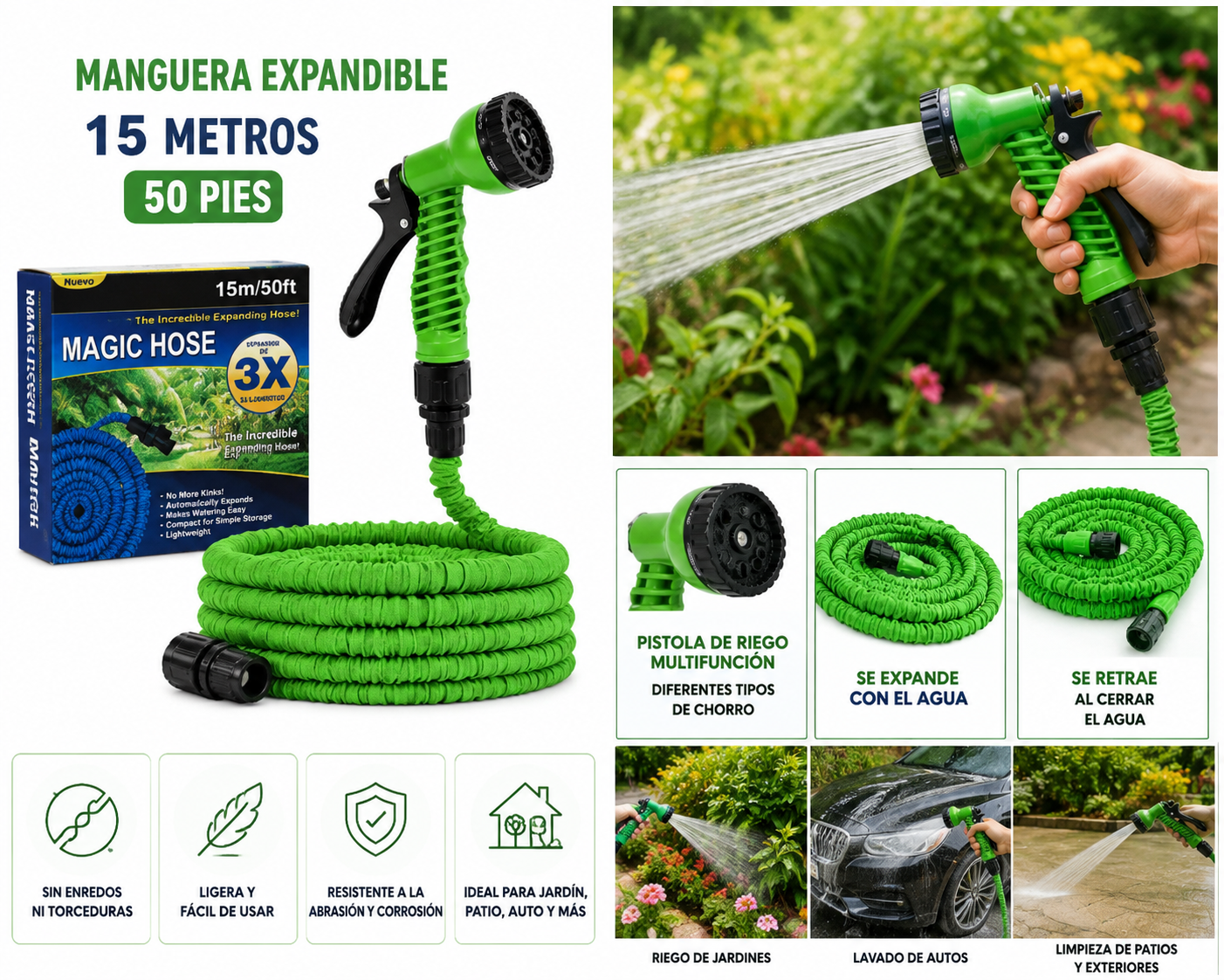 Manguera Expandible de Jardín 15 Metros (50 Pies) con Pistola de Riego Multifunción