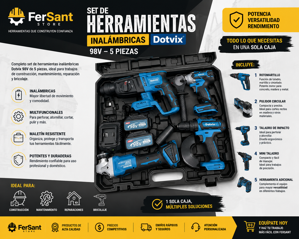 Set de Herramientas Inalámbricas Dotvix 98V – 5 Piezas con Maletín