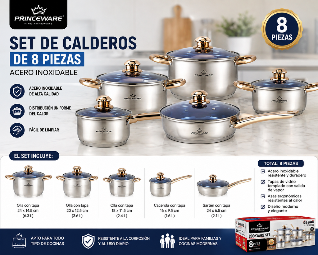 SET DE CALDEROS DE 8 PIEZAS EN ACERO INOXIDABLE MARCA PRINCEWARE