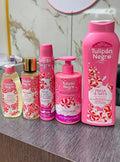 ✨ Set Completo de Cuidado Corporal Tulipán Negro Fresa & Nata – Gel, Loción, Body Mist, Aceite y Desodorante 🍓