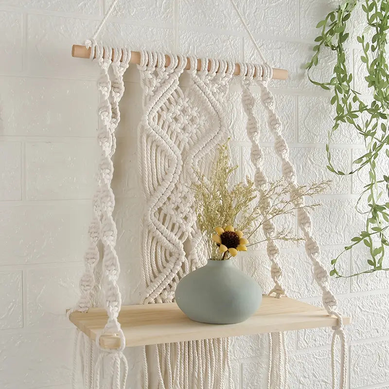 Estante Flotante Boho de Madera con Macramé