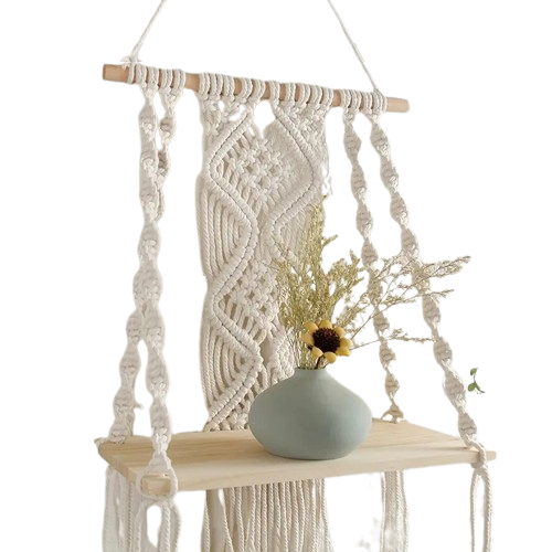 Estante Flotante Boho de Madera con Macramé