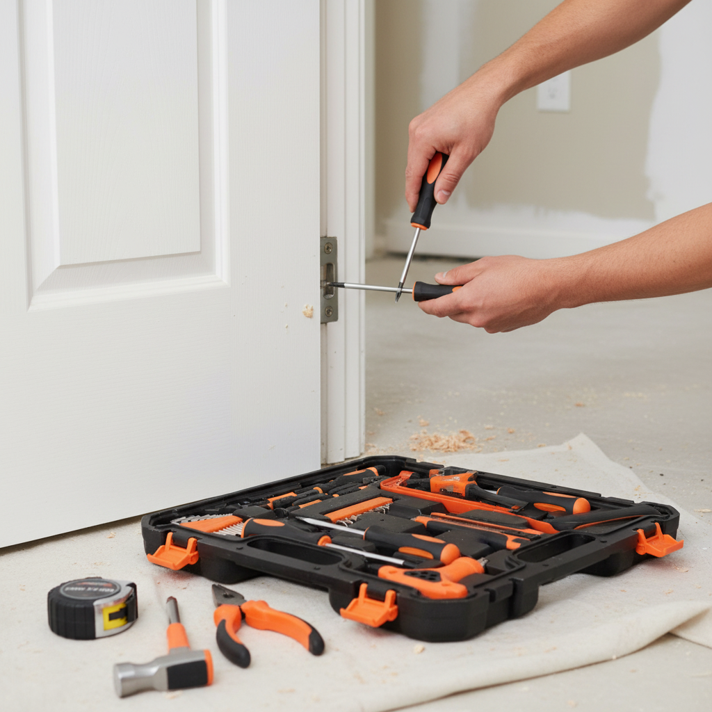 Reparando puerta con set de herramientas